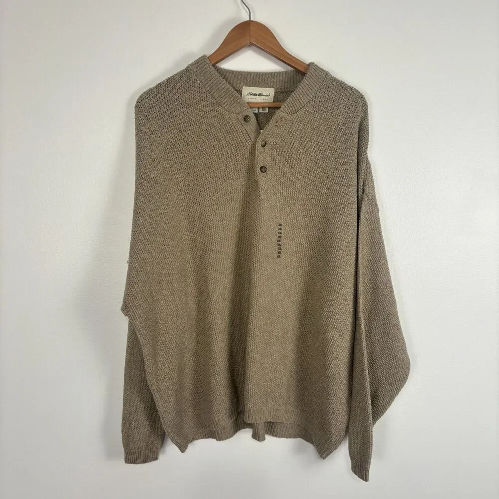 VTG Eddie Bauer NWT Henley Sweater Mens 2XL Tan Textured Knit Long Sleeve Button